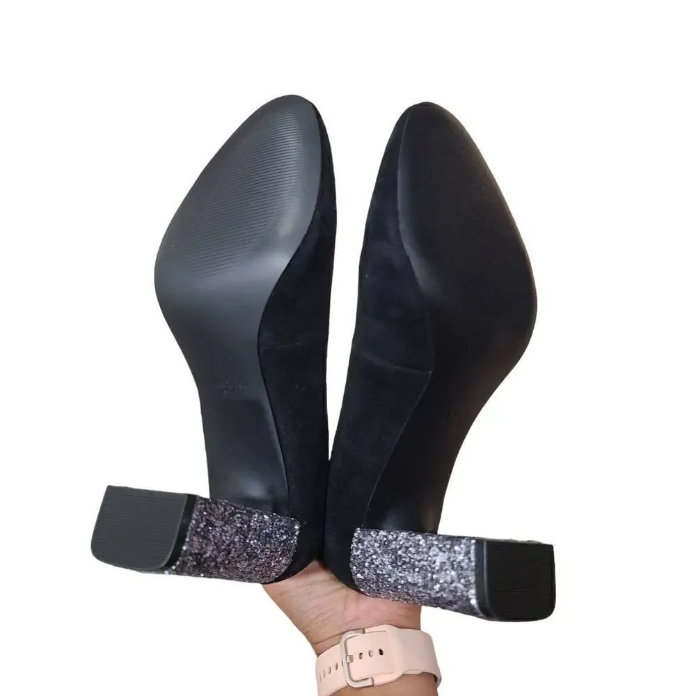 Nine West Sparkle Heels Womens 9M US Black‎ Faux Suede Glitter Chunky High Heels